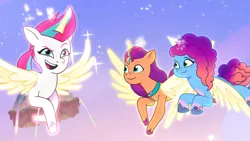 Size: 3072x1727 | Tagged: safe, derpibooru import, screencap, sunny starscout, zipp storm, alicorn, pony, g5, my little pony: a new generation, my little pony: tell your tale, spoiler:g5, spoiler:my little pony: tell your tale, spoiler:tyts02e07, alicornified, artificial horn, artificial wings, augmented, eyebrows, female, flying, horn, image, jpeg, magic, magic horn, magic wings, mare, misty brightdawn, mistycorn, open mouth, open smile, race swap, raised eyebrow, rebirth misty, smiling, spread wings, sunnycorn, the lone alicorn, trio, trio female, wings, zippcorn