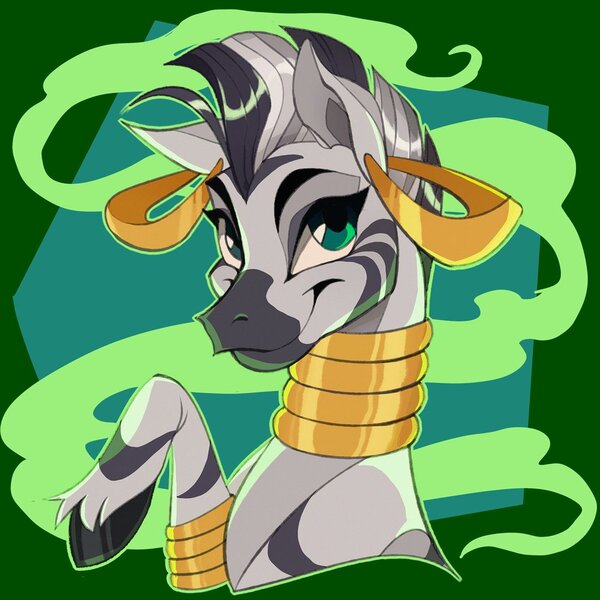 Size: 1000x1000 | Tagged: safe, artist:southpauz, derpibooru import, zecora, zebra, ear piercing, earring, female, g4, gold, green smoke, image, jewelry, jpeg, magic, neck rings, piercing, smiling, solo