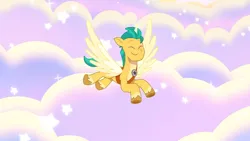 Size: 3072x1727 | Tagged: safe, derpibooru import, screencap, hitch trailblazer, alicorn, pony, g5, my little pony: tell your tale, spoiler:g5, spoiler:my little pony: tell your tale, spoiler:tyts02e07, ^^, eyes closed, flying, hitchcorn, image, jpeg, male, smiling, solo, spread wings, stallion, the lone alicorn, wings