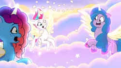 Size: 3072x1727 | Tagged: safe, derpibooru import, screencap, izzy moonbow, zipp storm, alicorn, pony, g5, my little pony: tell your tale, spoiler:g5, spoiler:my little pony: tell your tale, spoiler:tyts02e07, :o, female, flying, image, jpeg, mare, misty brightdawn, open mouth, rebirth misty, spread wings, the lone alicorn, trio, trio female, wings