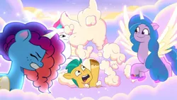 Size: 3072x1727 | Tagged: safe, derpibooru import, screencap, hitch trailblazer, izzy moonbow, zipp storm, alicorn, earth pony, pony, g5, my little pony: tell your tale, spoiler:g5, spoiler:my little pony: tell your tale, spoiler:tyts02e07, eyes closed, female, flying, frown, image, jpeg, male, mare, misty brightdawn, open mouth, rebirth misty, smiling, spread wings, stallion, the lone alicorn, wings