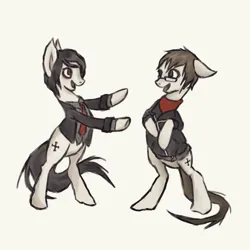 Size: 1080x1080 | Tagged: safe, artist:mikaleboo, derpibooru import, ponified, earth pony, pony, bandana, bipedal, clothes, ears up, floppy ears, gerard way, grin, image, jacket, jpeg, long tail, looking at each other, looking at someone, mikey way, my chemical romance, necktie, shirt, simple background, smiling, standing, standing on two hooves, tail, white background