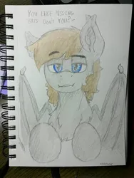 Size: 3024x4032 | Tagged: safe, artist:reddthebat, derpibooru import, oc, unofficial characters only, bat pony, pony, bat pony oc, bat wings, boykisser, chest fluff, eyebrows, eyebrows visible through hair, fangs, image, jpeg, looking at you, male, raised eyebrow, solo, stallion, sternocleidomastoid, traditional art, wings