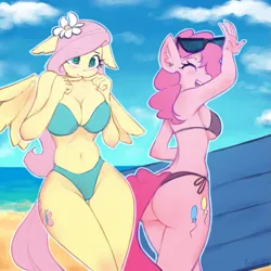 Size: 1447x1447 | Tagged: suggestive, artist:fajeh, derpibooru import, fluttershy, pinkie pie, anthro, earth pony, pegasus, adorasexy, ass, beach, belly button, bikini, blushing, breasts, busty fluttershy, busty pinkie pie, butt, cleavage, clothes, cloud, cute, duo, duo female, ear fluff, eye clipping through hair, eyebrows, eyebrows visible through hair, eyes closed, female, fingers together, floppy ears, flower, flower in hair, g4, green bikini, heart, heart eyes, image, legs together, ocean, outline, png, sexy, side-tie bikini, sideboob, signature, smiling, spread wings, sunglasses, sunglasses on head, swimsuit, tail, underboob, water, wide hips, wingding eyes, wings