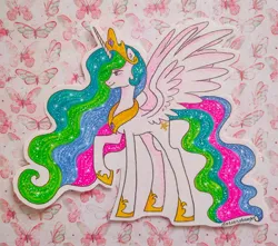 Size: 1600x1415 | Tagged: safe, artist:dariarchangel, derpibooru import, princess celestia, alicorn, butterfly, insect, pony, crown, female, g4, horn, image, jewelry, jpeg, mare, multicolored hair, patterned background, profile, rainbow hair, raised hoof, regalia, smiling, solo, spread wings, standing, traditional art, wings