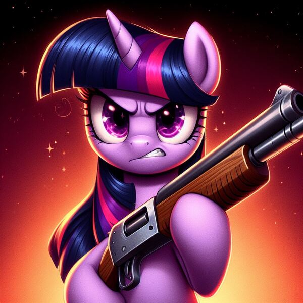 Size: 1024x1024 | Tagged: safe, ai content, derpibooru import, machine learning generated, twilight sparkle, pony, unicorn, angry, aura, female, generator:dall-e 3, gun, horn, image, jpeg, looking at you, mare, menacing, shotgun, this will end in death, weapon