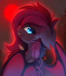 Size: 5424x6166 | Tagged: safe, artist:lunylin, derpibooru import, oc, oc:neytria nightblood, unofficial characters only, bat pony, pony, absurd resolution, bat pony oc, bat wings, blood, blood moon, braid, commission, fangs, female, floppy ears, full moon, image, looking at you, looking back, looking back at you, mare, moon, png, signature, slit pupils, solo, spread wings, wings, ych result