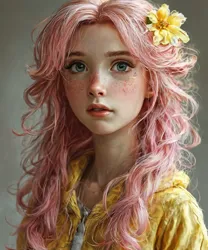 Size: 1280x1536 | Tagged: safe, ai content, derpibooru import, generator:playground ai, machine learning generated, prompter:pawels, fluttershy, human, bust, clothes, female, flower, flower in hair, freckles, g4, gradient background, humanized, image, looking at you, messy hair, open mouth, png, portrait, realistic, solo