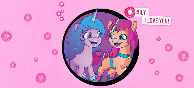 Size: 627x284 | Tagged: safe, derpibooru import, edit, izzy moonbow, sunny starscout, earth pony, unicorn, g5, 2d, banner, cute, happy, heart, horn, i love you, image, izzybetes, jpeg, looking at each other, looking at someone, pink background, roller skates, shipping, simple background, skates, smiling, sunnybetes