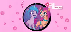 Size: 627x284 | Tagged: safe, derpibooru import, edit, izzy moonbow, sunny starscout, earth pony, unicorn, g5, 2d, banner, cute, happy, heart, horn, i love you, image, izzybetes, jpeg, looking at each other, looking at someone, pink background, roller skates, shipping, simple background, skates, smiling, sunnybetes