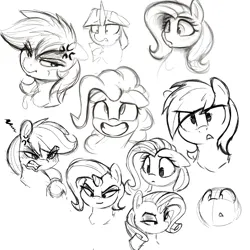 Size: 2500x2500 | Tagged: safe, artist:welost, derpibooru import, applejack, fluttershy, pinkie pie, rainbow dash, rarity, twilight sparkle, earth pony, pegasus, pony, unicorn, angry, bust, cross-popping veins, emanata, eye clipping through hair, female, floppy ears, grayscale, grin, horn, image, mane six, mare, monochrome, png, simple background, sketch, sketch dump, smiling, white background