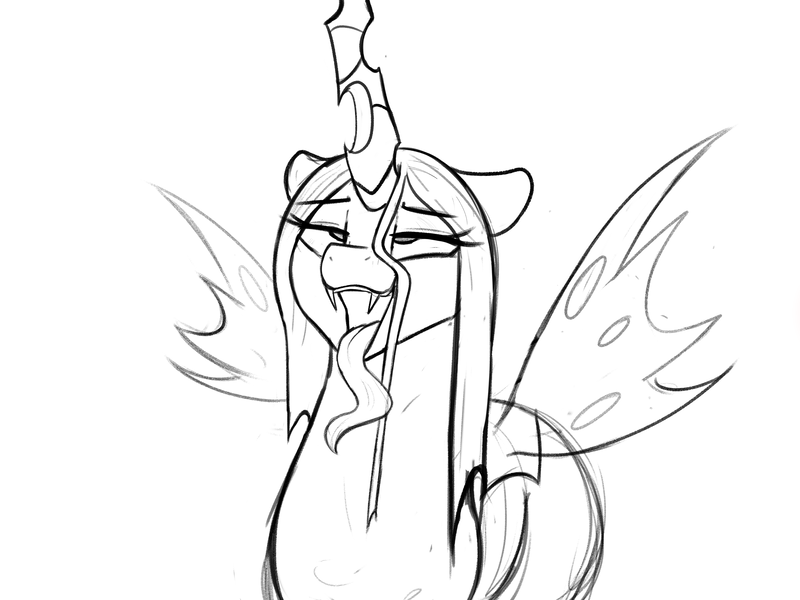 Size: 3334x2500 | Tagged: suggestive, artist:welost, derpibooru import, queen chrysalis, changeling, changeling queen, ahegao, female, grayscale, image, monochrome, open mouth, png, rough sketch, simple background, sketch, solo, solo female, spread wings, tongue out, white background, wings