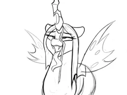 Size: 3334x2500 | Tagged: suggestive, artist:welost, derpibooru import, queen chrysalis, changeling, changeling queen, ahegao, female, grayscale, image, monochrome, open mouth, png, rough sketch, simple background, sketch, solo, solo female, spread wings, tongue out, white background, wings