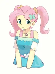 Size: 600x800 | Tagged: safe, artist:fuyugi, derpibooru import, fluttershy, human, clothes, dress, female, image, looking at you, pigtails, png, simple background, smiling, smiling at you, solo, twintails, white background