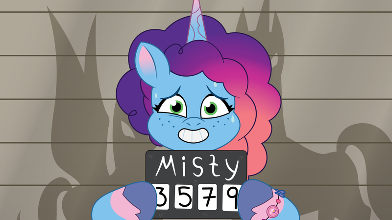 Size: 2400x1350 | Tagged: safe, artist:prixy05, derpibooru import, pony, unicorn, g5, my little pony: tell your tale, female, horn, image, mare, misty brightdawn, mugshot, png, rebirth misty, solo, the game is ahoof