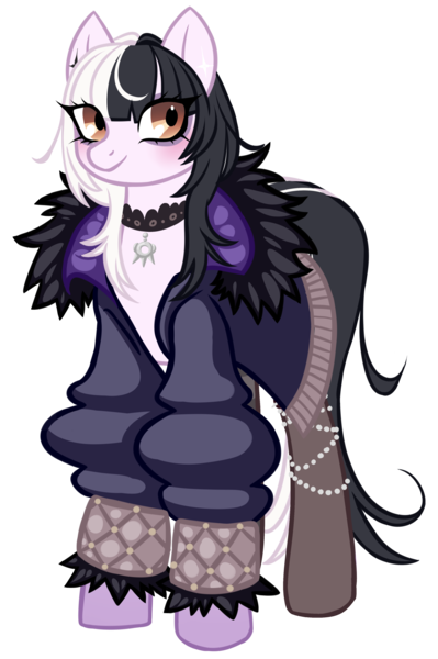 Size: 2659x4000 | Tagged: safe, artist:wtfponytime, derpibooru import, ponified, earth pony, pony, bags under eyes, blushing, chains, choker, clothes, coat, fur coat, gradient legs, hololive, hololive advent, image, jacket, png, shiori novella, simple background, socks, solo, tail, transparent background, two toned mane, two toned tail, vtuber