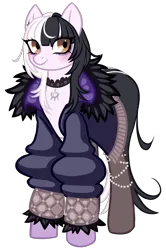 Size: 2659x4000 | Tagged: safe, artist:wtfponytime, derpibooru import, ponified, earth pony, pony, bags under eyes, blushing, chains, choker, clothes, coat, fur coat, gradient legs, hololive, hololive advent, image, jacket, png, shiori novella, simple background, socks, solo, tail, transparent background, two toned mane, two toned tail, vtuber