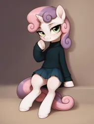 Size: 2144x2816 | Tagged: safe, ai content, derpibooru import, machine learning generated, sweetie belle, pony, unicorn, blouse, clothes, female, filly, freckles, g4, image, png, skirt, solo