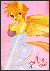 Size: 1240x1750 | Tagged: suggestive, artist:weisdrachen, derpibooru import, spitfire, anthro, ass, breasts, busty spitfire, butt, clothes, curvy, female, g4, image, png, pose, solo, solo female, uniform, wide hips, wonderbolts uniform