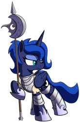 Size: 1270x1920 | Tagged: safe, artist:maretian, ponerpics import, princess luna, alicorn, pony, alternate hairstyle, armor, armored pony, female, halberd, image, mare, png, ponerpics fantasy community collab 2024, ponytail, simple background, solo, transparent background, weapon