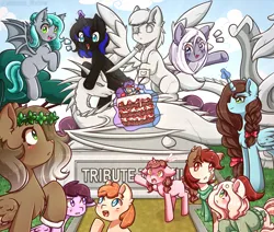 Size: 1300x1100 | Tagged: safe, artist:idleness_mallow, derpibooru import, oc, oc:13 nightmares, oc:anya cleverok, oc:moonlight lovec, oc:queen olga alnilam, oc:yuki lovec, unofficial characters only, alicorn, bat pony, earth pony, pegasus, pony, unicorn, zebra, alicorn oc, bat pony oc, bat wings, blush lines, blushing, cake, closed mouth, clothes, commission, cracks, earth pony oc, eyes open, female, foal, folded wings, food, grass, horn, image, magic, male, mare, open mouth, pegasus oc, png, scarf, spread wings, stallion, statue, sweater, telekinesis, tree, wings, zebra oc