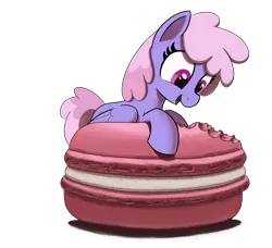 Size: 1640x1498 | Tagged: safe, artist:maretian, ponerpics import, rainbowshine, pegasus, pony, bite mark, female, food, image, macaron, mare, png, simple background, smiling, solo, transparent background