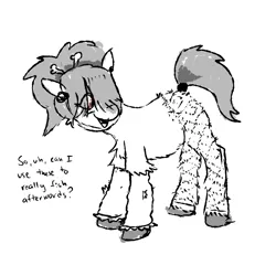 Size: 900x900 | Tagged: safe, artist:pony quarantine, derpibooru import, oc, oc:netty bones, unofficial characters only, earth pony, pony, taiga pony, dialogue, eye clipping through hair, female, fishnets, grayscale, image, looking back, mare, monochrome, open mouth, open smile, partial color, png, smiling, solo
