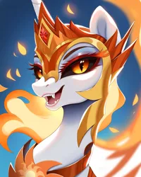 Size: 4096x5120 | Tagged: safe, ai content, derpibooru import, machine learning generated, stable diffusion, daybreaker, alicorn, pony, bust, female, fire, g4, generator:pony diffusion v6 xl, generator:purplesmart.ai, image, lidded eyes, mare, open mouth, open smile, png, portrait, prompter:lerkyboy, smiling, solo, teeth