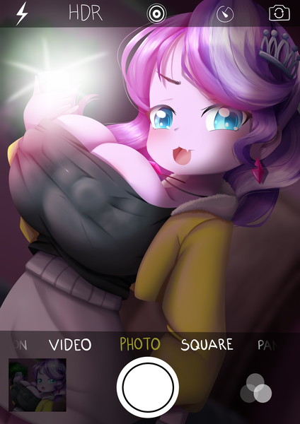 Size: 2894x4093 | Tagged: questionable, artist:pocket loli, banned from derpibooru, ponerpics import, ponybooru import, diamond tiara, equestria girls, blue eyes, breasts, busty diamond tiara, camera flash, child, cleavage, clothes, dutch angle, ear piercing, earring, erect nipples, female, image, jacket, jewelry, lolicon, looking at you, mobile phone, nipple outline, oppai loli, phone, phone screen, piercing, png, selfie, skirt, smug, snaggletooth, solo, solo female, underage