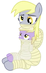 Size: 1400x2182 | Tagged: safe, artist:cardshark777, derpibooru import, derpy hooves, dinky hooves, oc, pegasus, pony, unicorn, bondage, digital art, female, filly, foal, g4, helpless, horn, image, looking at each other, looking at someone, looking down, looking up, mare, mother and child, mother and daughter, mummification, mummified, mummy, pegasus oc, png, simple background, sitting, sitting on lap, transparent background, wings, wrapped up