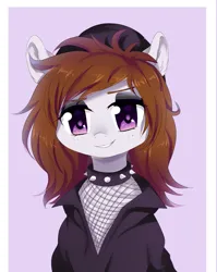 Size: 1005x1260 | Tagged: safe, artist:pastelmistress, oc, oc:kumikoshy, earth pony, pony, beanie, bust, choker, clothes, commission, earth pony oc, eyebrows, female, fishnets, grin, hat, image, jacket, lidded eyes, looking at you, mare, png, simple background, smiling, smiling at you, solo, spiked choker