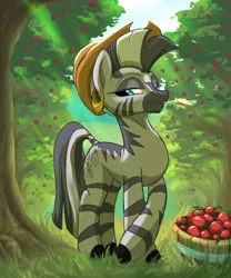 Size: 1000x1200 | Tagged: safe, artist:rocket-lawnchair, derpibooru import, zecora, pony, zebra, accessory theft, apple, apple tree, applejack's hat, behaving like applejack, bucket, cowboy hat, current events, female, food, g4, hat, image, lidded eyes, mare, png, solo, straw in mouth, sweet apple acres, tree