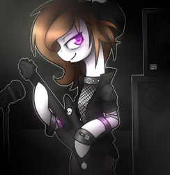 Size: 1000x1024 | Tagged: safe, artist:jadekettu, oc, oc:kumikoshy, unofficial characters only, earth pony, pony, amplifier, beanie, bipedal, bracelet, choker, commission, dark background, earth pony oc, electric guitar, fishnets, guitar, hat, hoof hold, image, jewelry, lidded eyes, looking at you, microphone, musical instrument, png, smiling at you, spiked choker