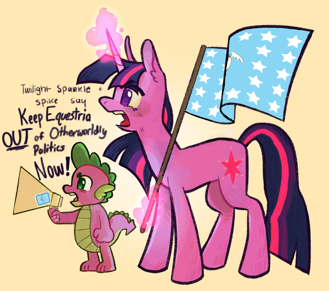 Size: 2040x1809 | Tagged: safe, artist:tapi_okae, edit, ponerpics import, ponybooru import, spike, twilight sparkle, dragon, unicorn, anti-mouthpiece, equestrian flag, flag, image, megaphone, png, politics