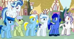 Size: 735x392 | Tagged: safe, derpibooru import, oc, oc:altersmay earth, ponified, unnamed oc, dracony, dragon, earth pony, hybrid, pegasus, pony, colored hooves, colored wings, flying, grin, horn, image, jpeg, looking at each other, looking at someone, male, missing accessory, planet ponies, ponyville, raised hoof, rule 63, smiling, stallion, stallion oc, turned head, wings