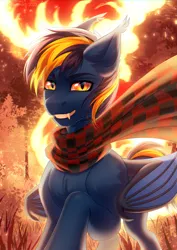 Size: 2480x3507 | Tagged: safe, artist:fenwaru, derpibooru import, oc, oc:solaris, unofficial characters only, bat pony, bat pony oc, bat wings, clothes, fire, image, looking at you, male, png, scarf, wings