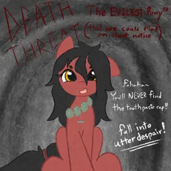 Size: 1020x1020 | Tagged: safe, artist:castafae, derpibooru import, oc, oc:threat, unofficial characters only, earth pony, pony, abstract background, bandolier, dialogue, female, grenade, image, looking at you, mare, messy mane, png, sitting, solo