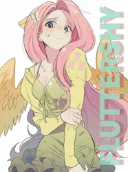 Size: 1249x1678 | Tagged: safe, artist:memoji_7672, derpibooru import, fluttershy, human, blushing, breasts, butterfly hairpin, cleavage, female, hairpin, humanized, image, jpeg, long hair, pony ears, simple background, solo, sweat, sweatdrop, white background, winged humanization, wings