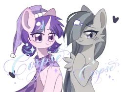 Size: 1080x810 | Tagged: source needed, safe, derpibooru import, marble pie, oc, oc:delia ino, earth pony, pony, unicorn, canon x oc, clothes, female, females only, friends, friendship, hat, heart, horn, image, looking at you, looking back, looking back at you, png, scarf, unicorn oc