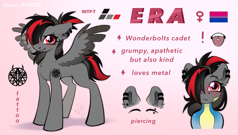 Size: 2627x1492 | Tagged: safe, artist:rtootb, derpibooru import, oc, oc:era, unofficial characters only, pegasus, pony, wonderbolts academy, bisexual pride flag, blushing, clothes, ear fluff, ear piercing, earring, eyebrow piercing, female, g4, image, jewelry, looking at you, mare, pegasus oc, piercing, png, pride, pride flag, red eyes, reference sheet, simple background, smiling, smiling at you, tattoo, tongue piercing, uniform, wings, wonderbolts uniform