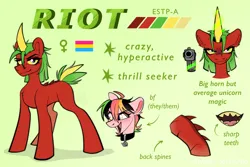 Size: 2429x1620 | Tagged: safe, artist:rtootb, derpibooru import, oc, oc:riot, dracony, dragon, hybrid, pony, unicorn, collar, fangs, female, green eyes, gun, horn, hybrid oc, image, looking at you, mare, nonbinary, pansexual pride flag, png, pride, pride flag, reference sheet, smiling, smirk, spikes, teeth, text, weapon