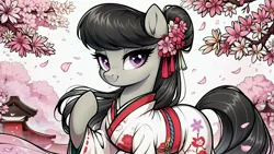 Size: 2560x1440 | Tagged: safe, ai content, derpibooru import, machine learning generated, stable diffusion, octavia melody, earth pony, pony, cherry blossoms, clothes, cute, female, flower, flower blossom, flower in hair, g4, generator:pony diffusion v6 xl, hair bun, image, jpeg, kimono (clothing), looking at you, mare, prompter:siber, raised hoof, smiling, smiling at you, solo, wallpaper