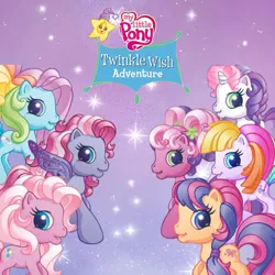 Size: 1200x1200 | Tagged: safe, derpibooru import, official, cheerilee (g3), pinkie pie (g3), rainbow dash (g3), scootaloo (g3), starsong, sweetie belle (g3), toola roola, g3, twinkle wish adventure, album, album cover, core seven, cover, g3.5, image, jpeg, logo, looking at you, smiling, smiling at you, sparkles, toola-roola, violet background