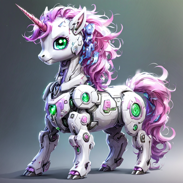 Size: 1536x1536 | Tagged: safe, ai content, derpibooru import, generator:playground ai, machine learning generated, prompter:pawels, sweetie belle, pony, robot, robot pony, unicorn, cloven hooves, female, full body, g4, gradient background, horn, image, messy mane, png, solo, sweetie bot