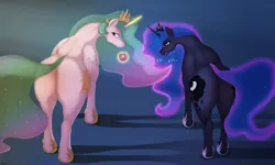 Size: 3840x2302 | Tagged: suggestive, artist:index3, derpibooru import, princess celestia, princess luna, alicorn, pony, butt, dialogue, donut, duo, featureless crotch, female, food, image, looking at each other, looking at someone, looking back, magic, mare, plot, png