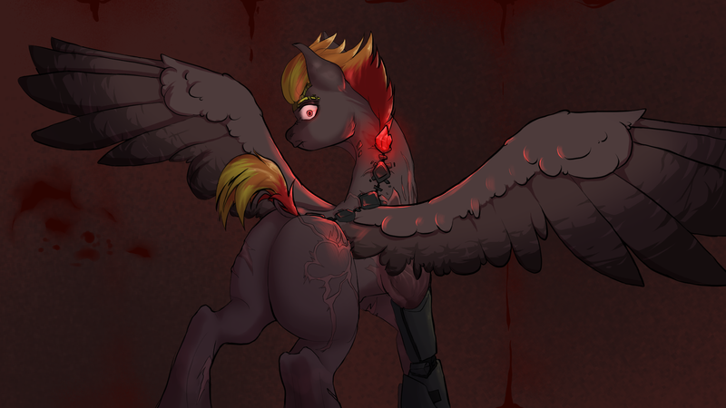 Size: 1920x1080 | Tagged: safe, artist:dvfrost, derpibooru import, oc, oc:keralay rainbow, cyborg, cyborg pony, pegasus, pony, fallout equestria, ass, blood, burns, butt, crystal, image, png, scar, solo, tail