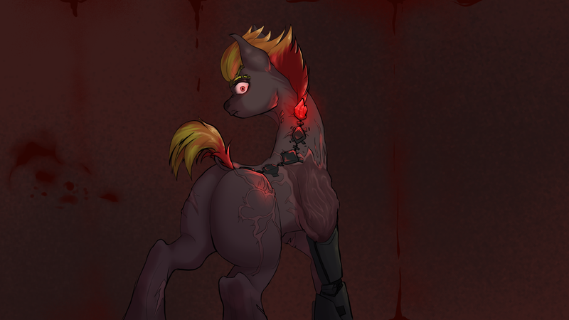 Size: 1920x1080 | Tagged: safe, alternate version, artist:dvfrost, derpibooru import, oc, oc:keralay rainbow, cyborg, cyborg pony, pegasus, pony, fallout equestria, ass, blood, burns, butt, crystal, image, png, scar, solo, tail