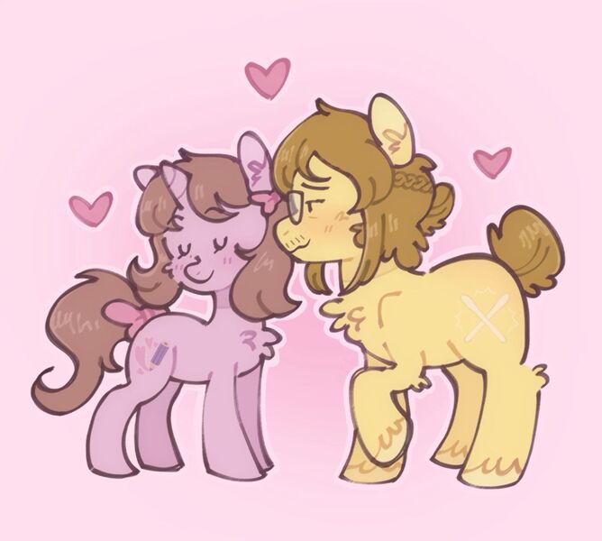 Size: 1519x1365 | Tagged: safe, artist:paamyu, derpibooru import, oc, unofficial characters only, earth pony, unicorn, bow, brown mane, couple, cute, duo, duo male and female, earth pony oc, female, glasses, hair bow, hair bun, heart, horn, image, jpeg, love, male, purple coat, ribbon, shipping, unicorn oc, yellow coat
