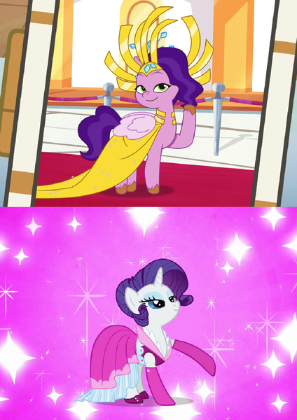 Size: 1123x1588 | Tagged: safe, derpibooru import, edit, edited screencap, screencap, pipp petals, rarity, g5, my little pony: tell your tale, too many pinkie pies, clothes, comparison, dress, g4, image, jpeg, my bananas, pipp and her heroine