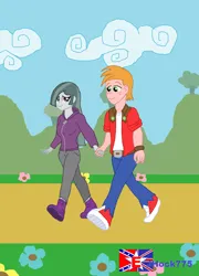 Size: 1280x1776 | Tagged: safe, artist:jhock775, derpibooru import, big macintosh, marble pie, human, clothes, cloud, duo, female, flower, freckles, holding hands, humanized, image, jpeg, looking at each other, looking at someone, male, marblemac, shipping, smiling, smiling at each other, straight, walking